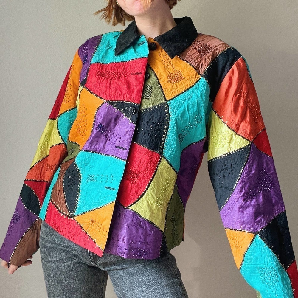Vintage 1980/90s Funky Rainbow Tapestry Patchwork Lightweight Jacket - Picture 5 of 6